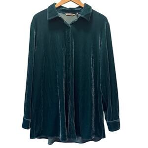 Soft Surroundings Womens Green Velvet Button Up Tunic Shirt Long Sleeve Sz Large